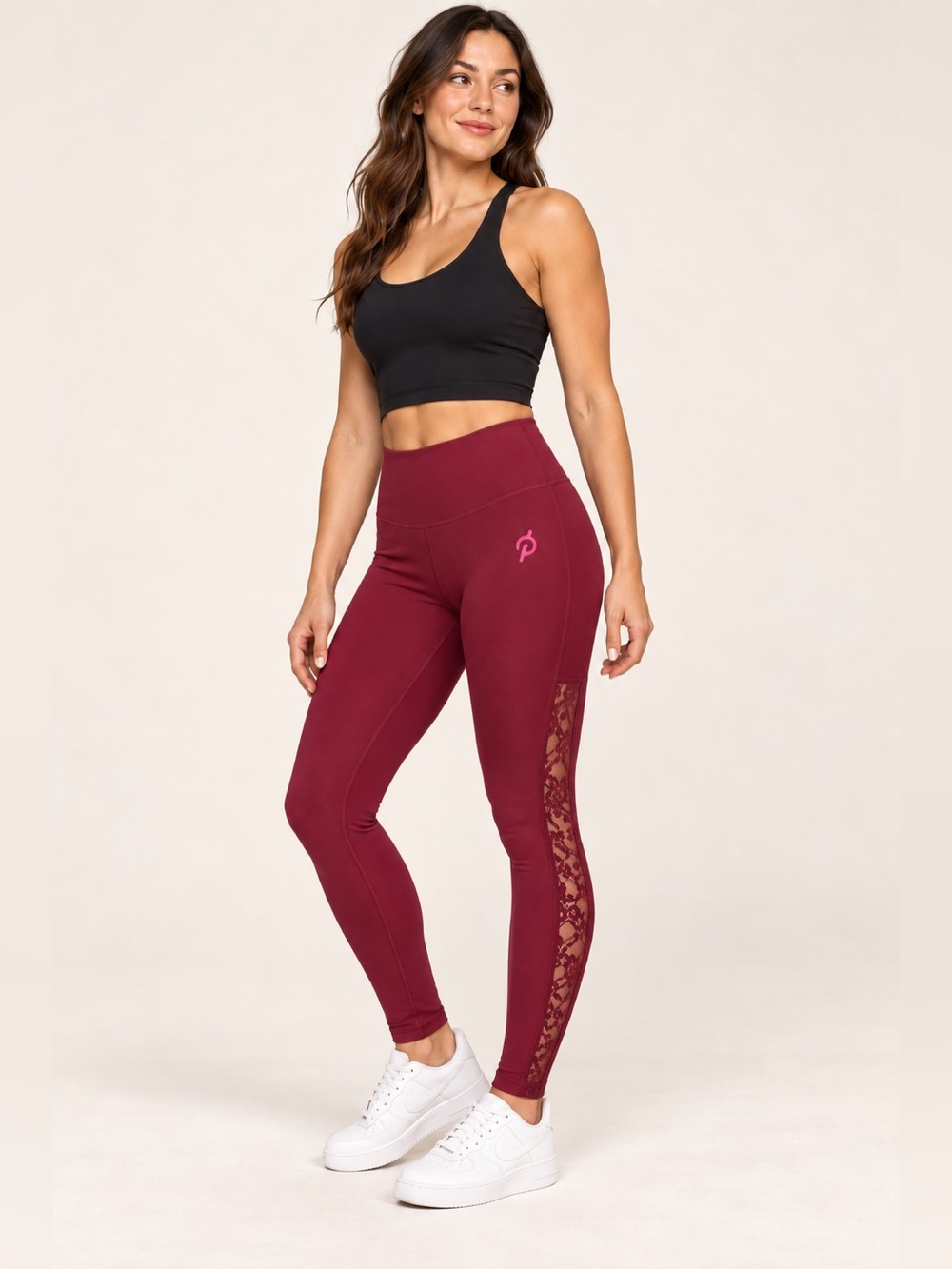 Peloton Burgundy Red Lace Side Panel High Rise Leggings Size M